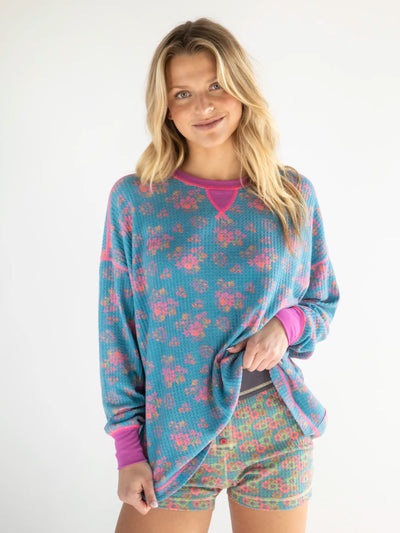 Mix & Match Waffle Pajama Top - Turquoise Pink Floral-view 1