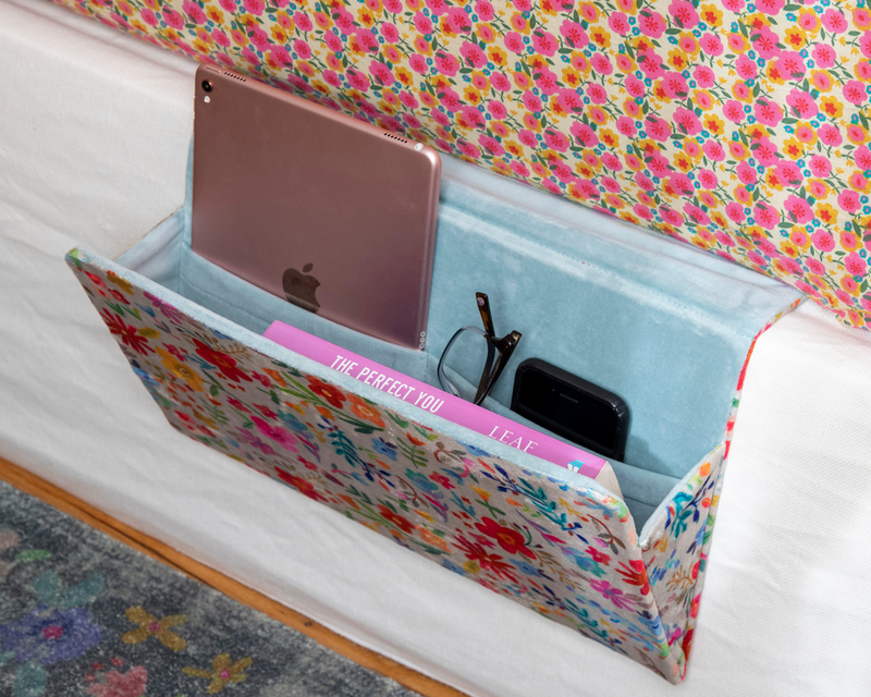 Bedside Caddy with laptop, glasses, phone, book