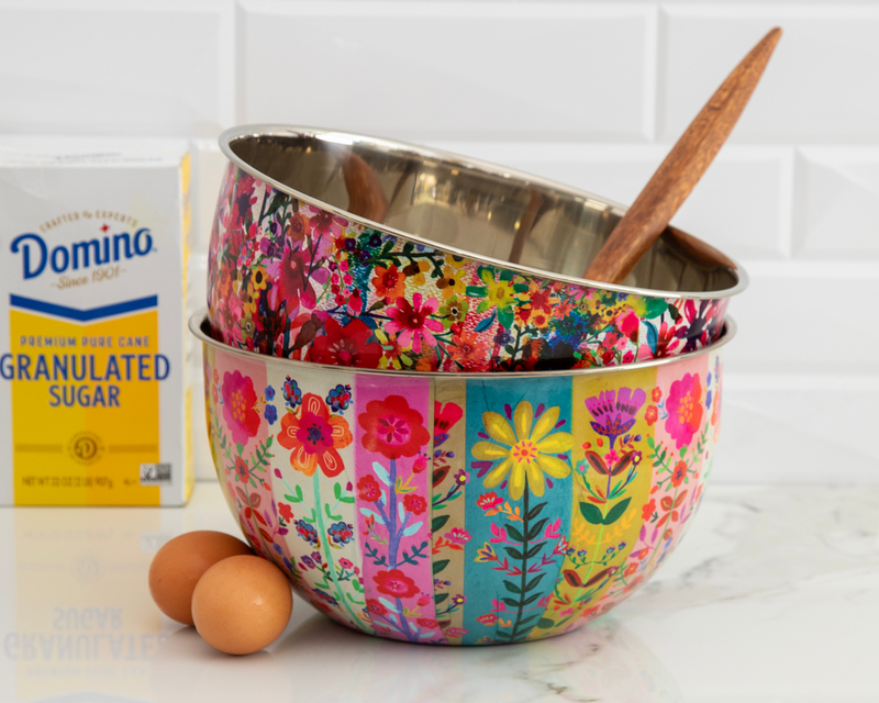 Stack of Stainless Steel Mixing Bowls with pretty floral designs.